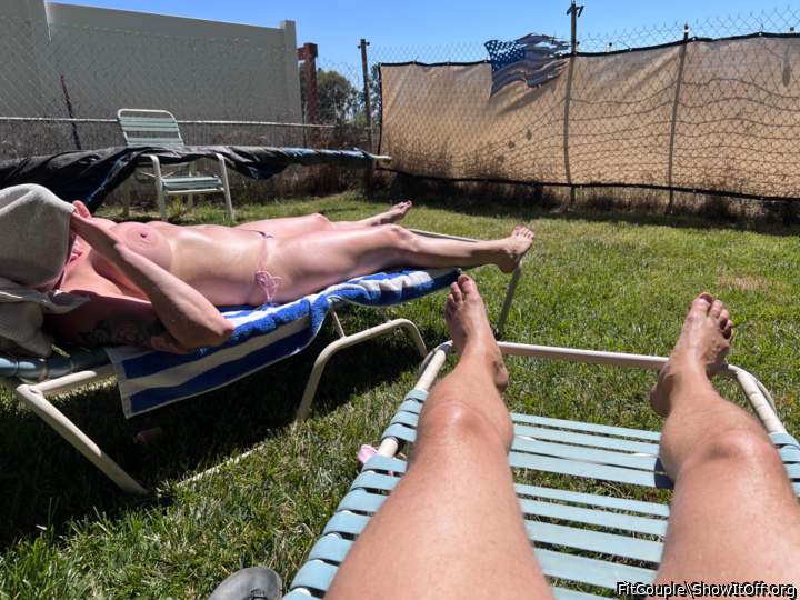 Me and my hubby, laying out naked when his friend show up they got naked also