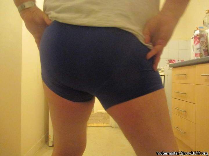 My bum in brand new tight blue shorts