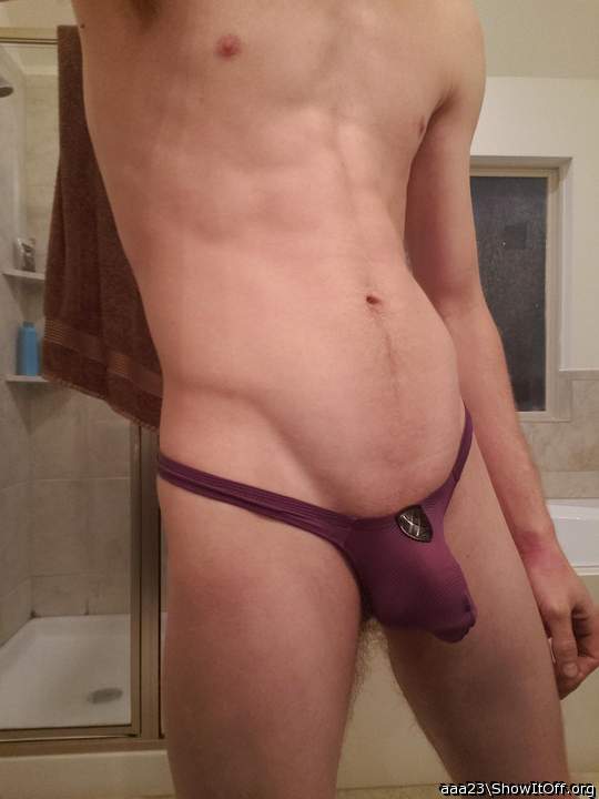 Your sexy body looks so good in that purple thong! I'd love 