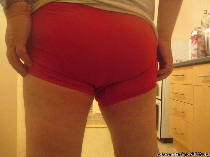 My bum in brand new tight red shorts