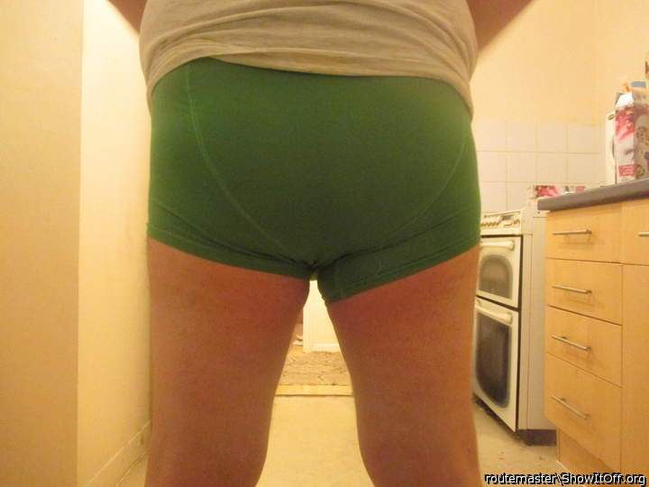 My bum in brand new tight green shorts