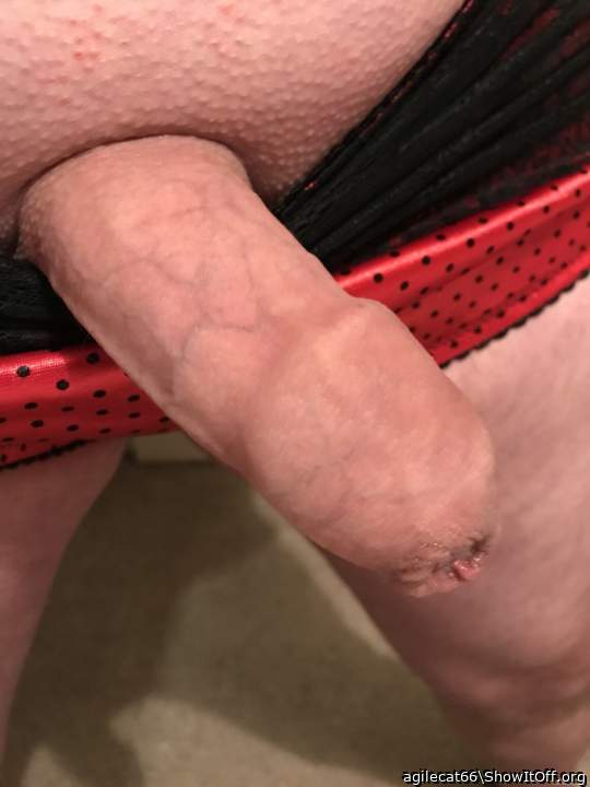 Red silk polkadot and black lace panties