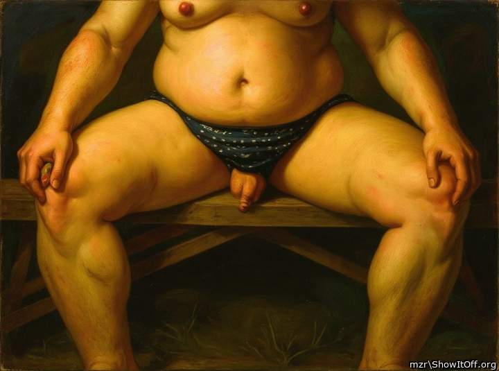 A man shows his natural uncircumcised penis with a long foreskin Art