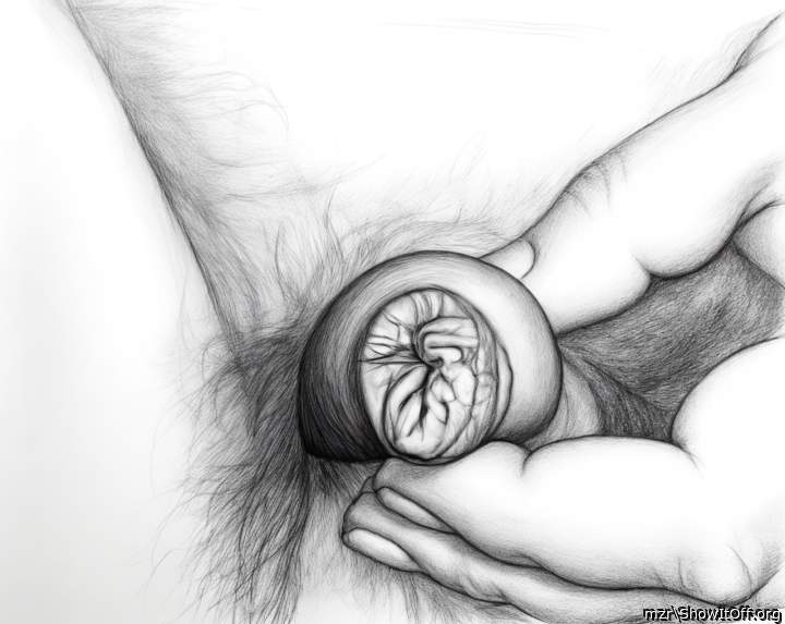 I show a close-up sketch of the tip of my delicate velvety foreskin