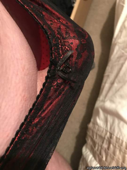 Red silk polkadot and black lace panties