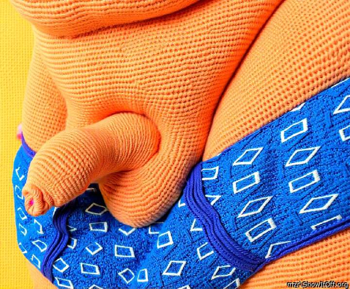 Soft plush figure, uncut dick, foreskin, reminiscent of handcrafted art object