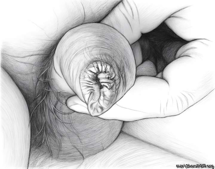 Pencil drawing of the foreskin of an uncircumcised dick close-up