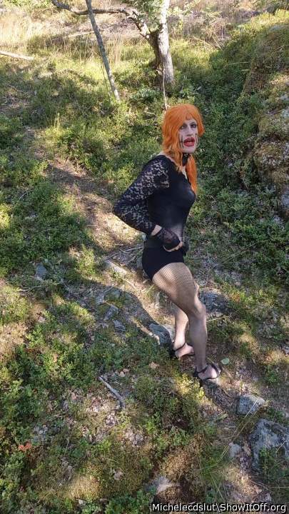 Mature skinny Michele sissy out in a forrest.
