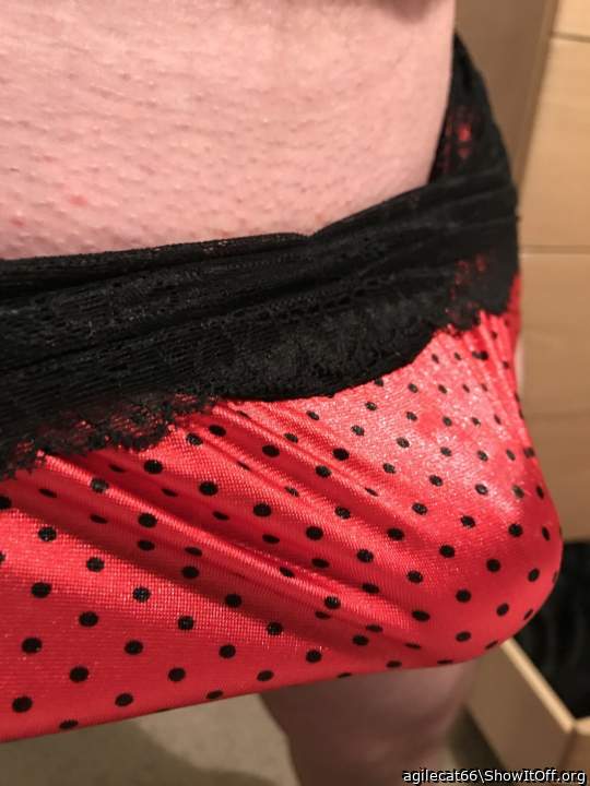 Red silk polkadot and black lace panties