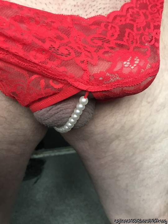 Crotchless red lace thong