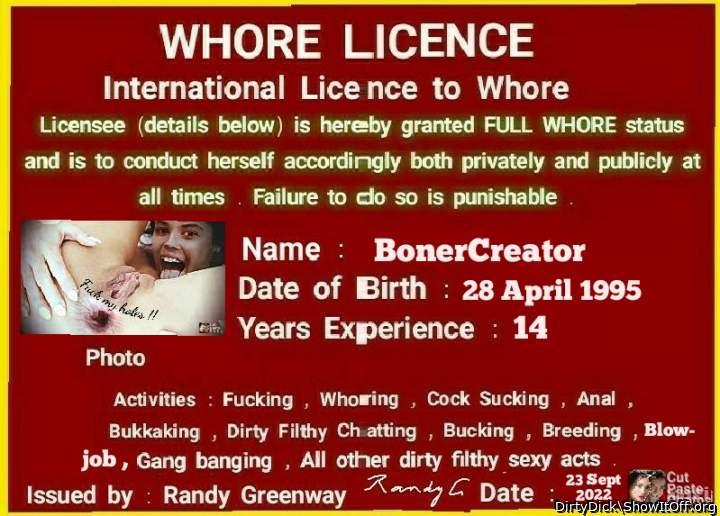 BonerCreator's Whore Licence