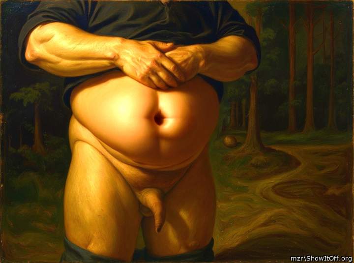 A beautiful big belly and a thin uncut penis with a long foreskin