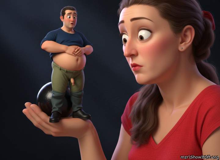 The woman looks in surprise at the small uncut cock and the long foreskin. Art