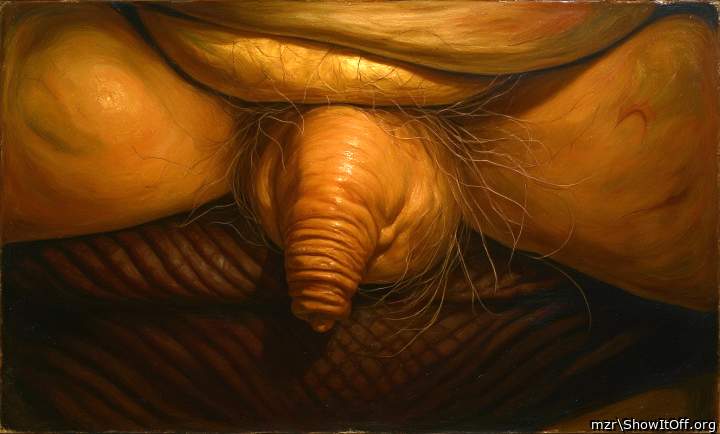 Hairy groin and wrinkled foreskin with wet tip close-up Art