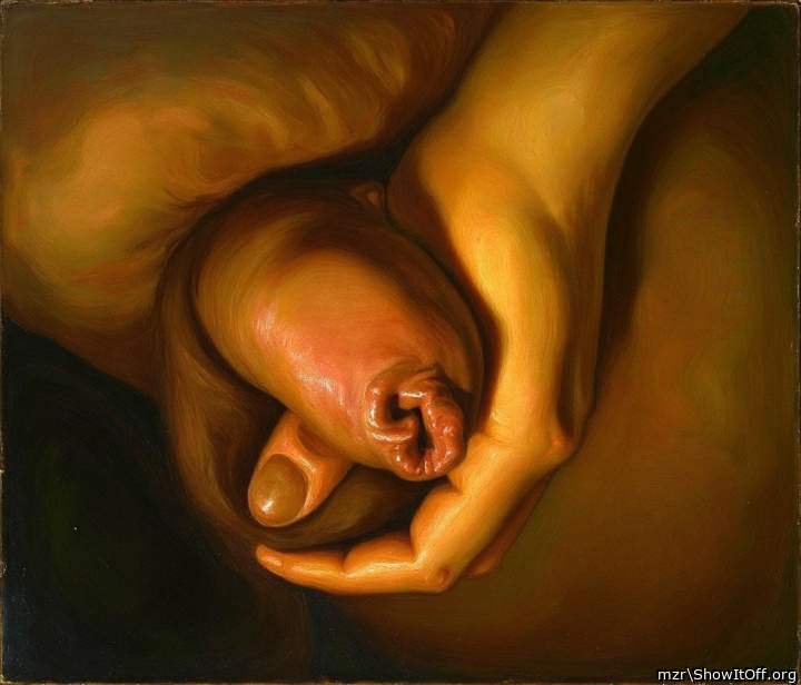 My girlfriend caresses the testicles of an uncut cock with her hand