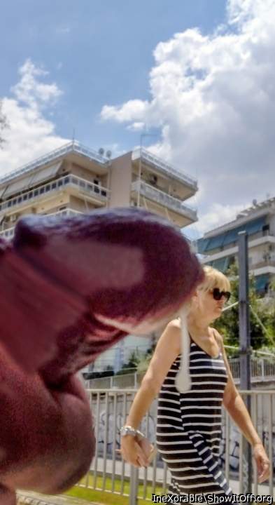 Public dick flash cumming in front of strange lady!