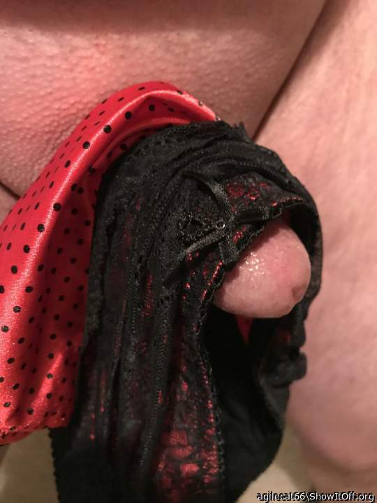 Red silk polkadot and black lace panties