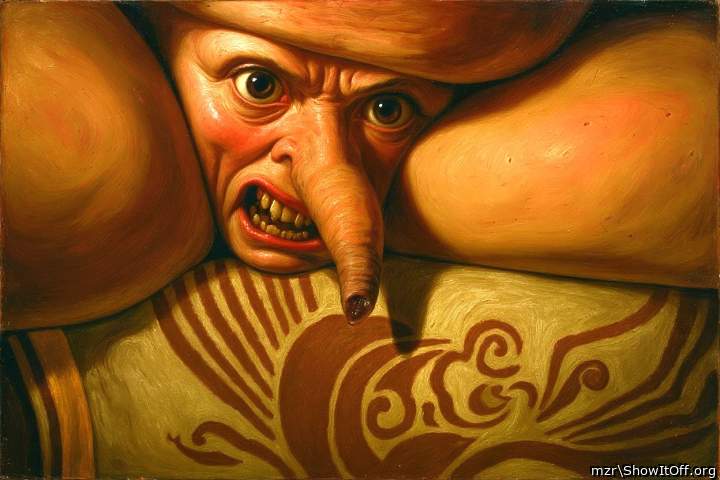 A caricature of an angry foreskin with a drop of pre-ejaculate.