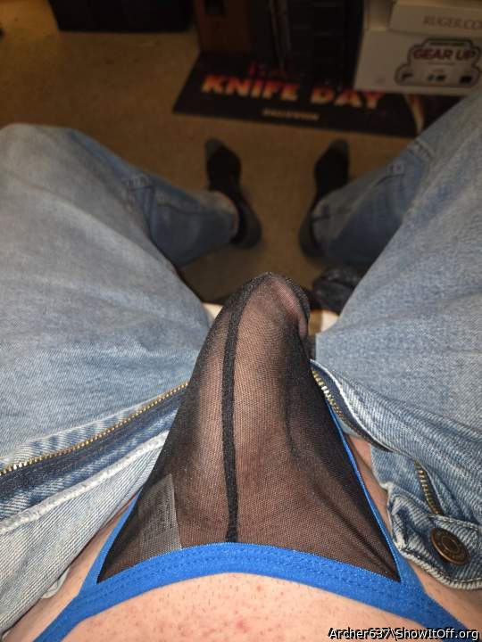 See through black with blue trim gstring