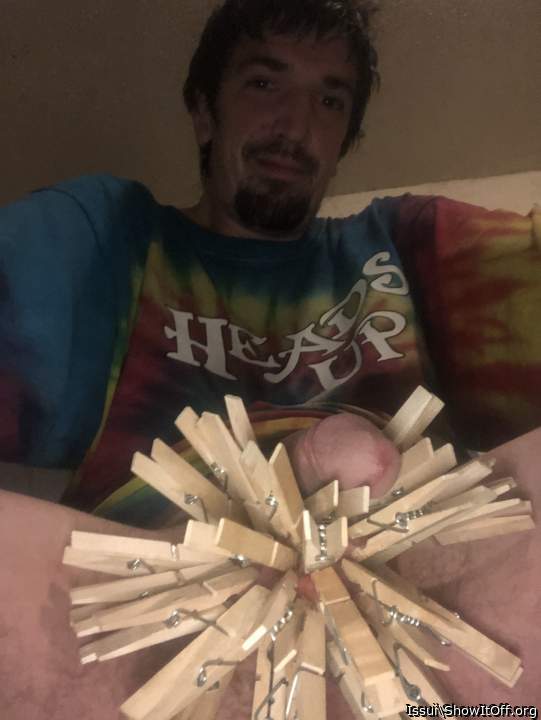 65 clothes pins on my balls n cock