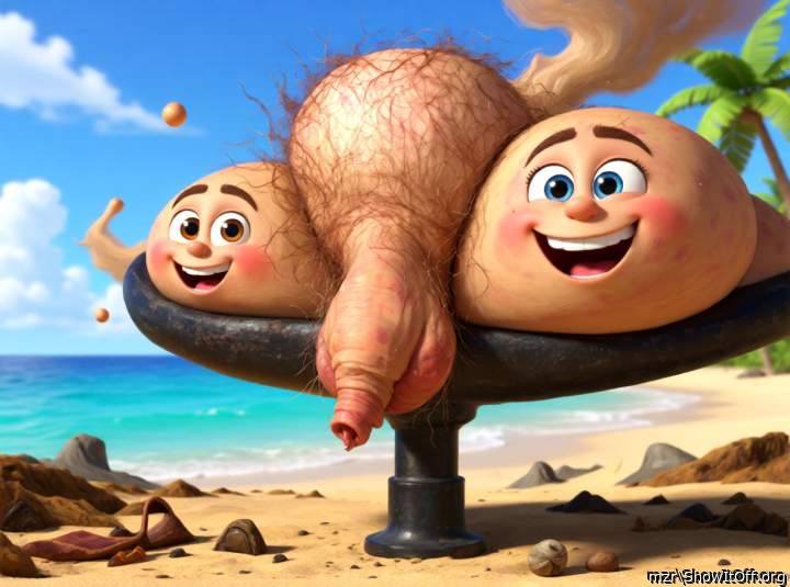 Cock with long uncut foreskin and funny testicles. Art