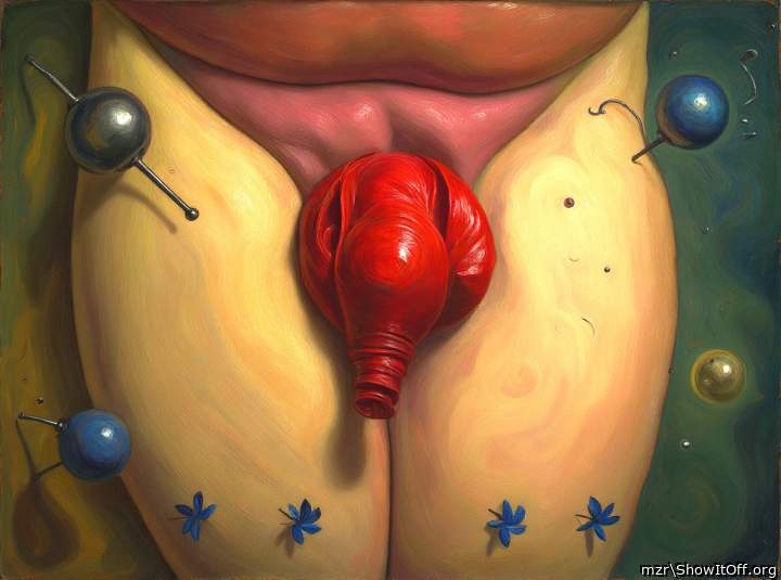 Oil painting with red uncut dick with long foreskin
