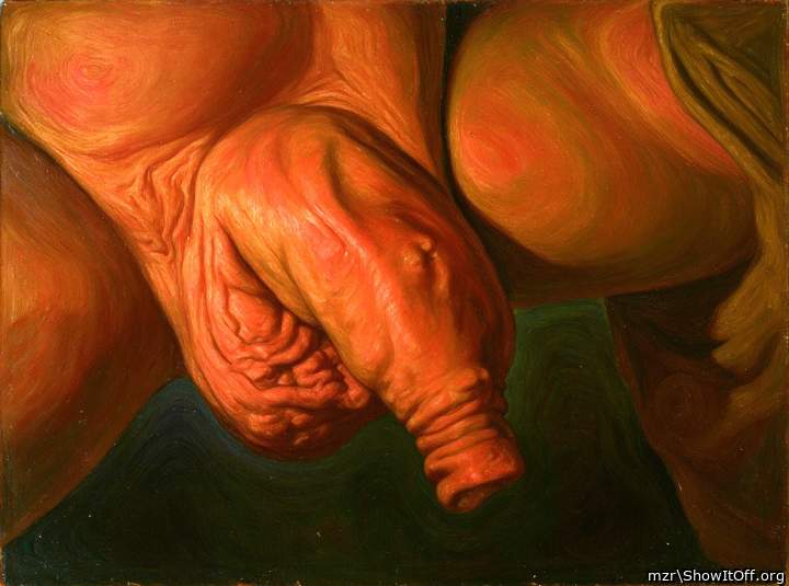 A colored canvas depicting a soft uncircumcised penis with foreskin from mzr