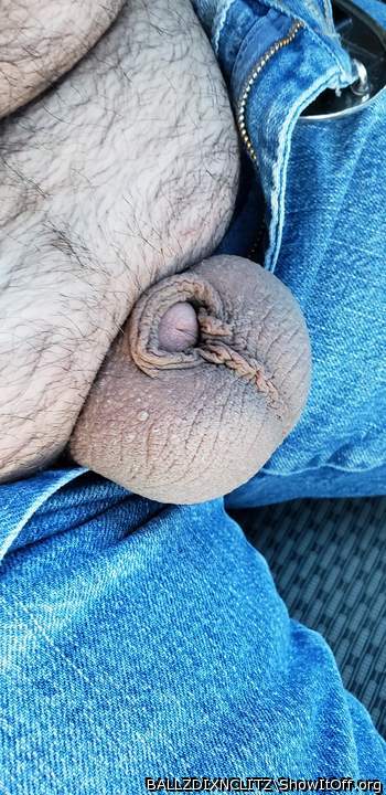 Oh I love that view. Hairy crotch, fat balls, sunken dick. I