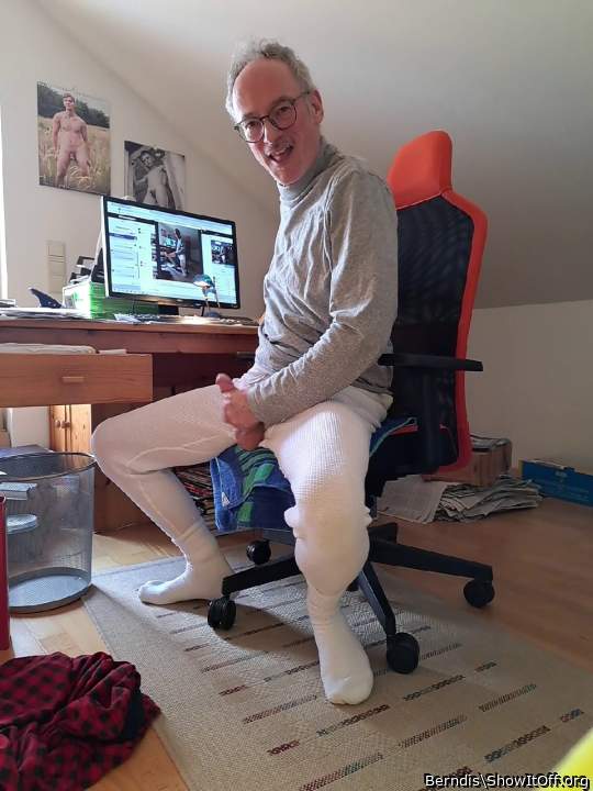 jerking in white long Johns underwear for the cam, showing face