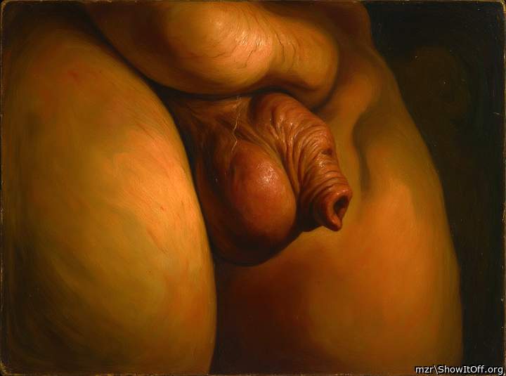 Uncut dick is partially retracted, glans covered by a wrinkles big foreskin Art